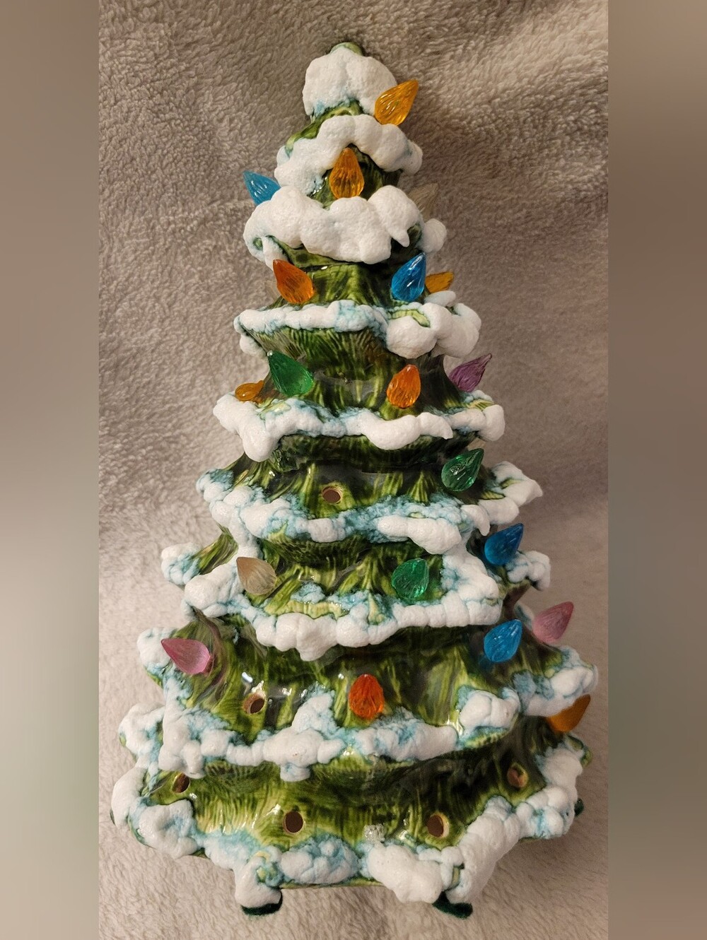 Vintage Ceramic Snowy Christmas Tree with Colorful Bulb Lights - Home Holiday